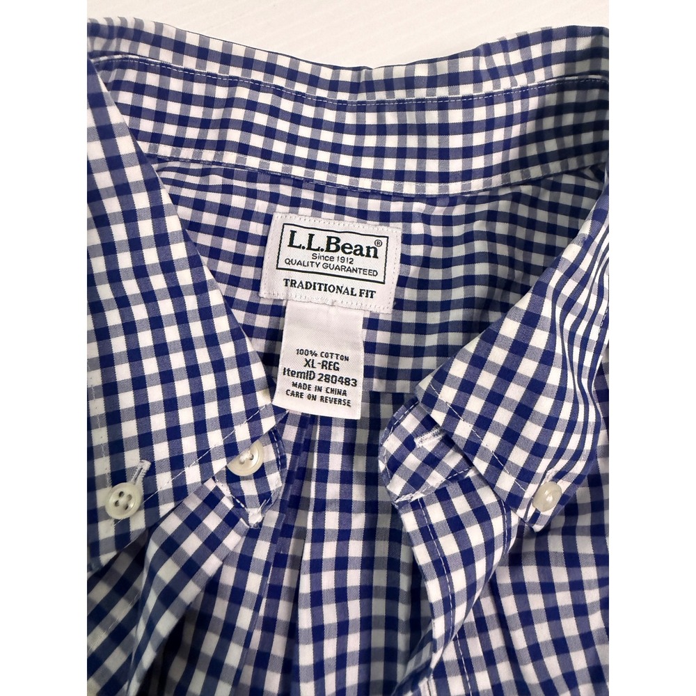LL Bean Mens XL Blue Gingham Short Sleeve Button Down Shirt Traditional Fit